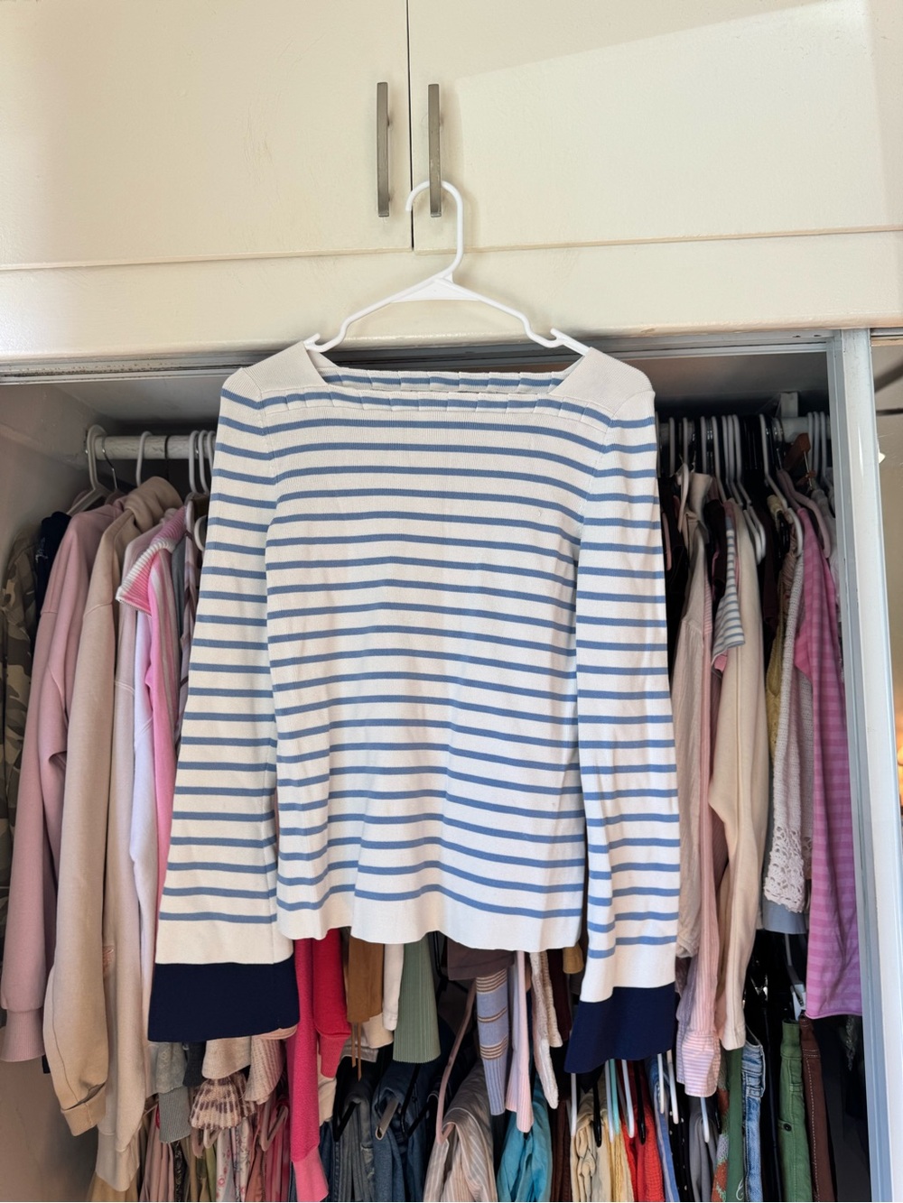 Marled White and Light Blue Striped Long Sleeve Tee